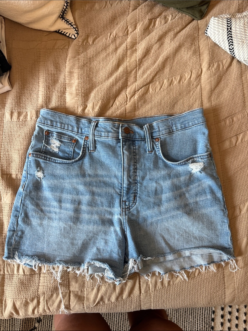 High-Rise Light Blue Denim Shorts with Frayed Hem